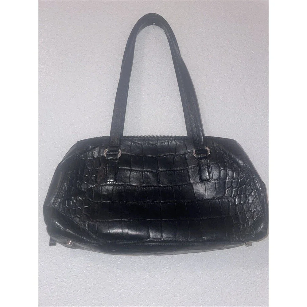 Monsac Handbag Croc Embossed East West Black Leather Shoulder Purse Preppy Bag